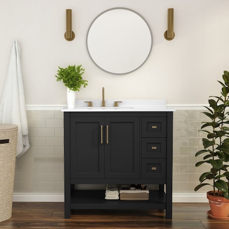 Flash Furniture Vega 36-in. Vanity w/Sink, Storage Cabinet w/Soft Close Doors, Open Shelf and 3 Drawers, Black/Gold FS-VEGA36-KD-BK-GLD-GG